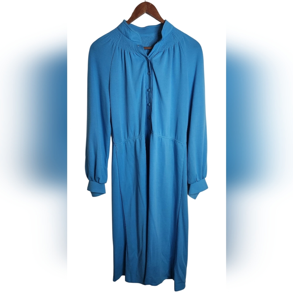 1970s Vintage IlGWU Union Made Blue Midi Long Sleeve Dress - Medium Large